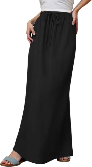 Maxi Skirts for Women Summer Trendy Linen Beach Casual Dresses Low Waist Drawstring Cute Boho Flowy Long A Line Skirt