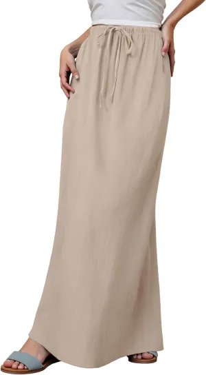 Maxi Skirts for Women Summer Trendy Linen Beach Casual Dresses Low Waist Drawstring Cute Boho Flowy Long A Line Skirt