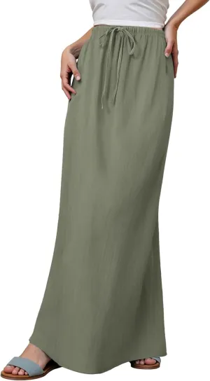 Maxi Skirts for Women Summer Trendy Linen Beach Casual Dresses Low Waist Drawstring Cute Boho Flowy Long A Line Skirt