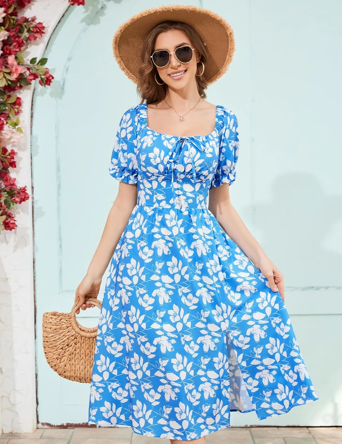 Meetjen Women's Floral Summer Beach Dress Midi Casual Short Sleeves Flowy A Line Dresses 2025 Boho Sundresses