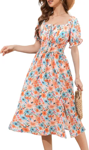 Meetjen Women's Floral Summer Beach Dress Midi Casual Short Sleeves Flowy A Line Dresses 2025 Boho Sundresses