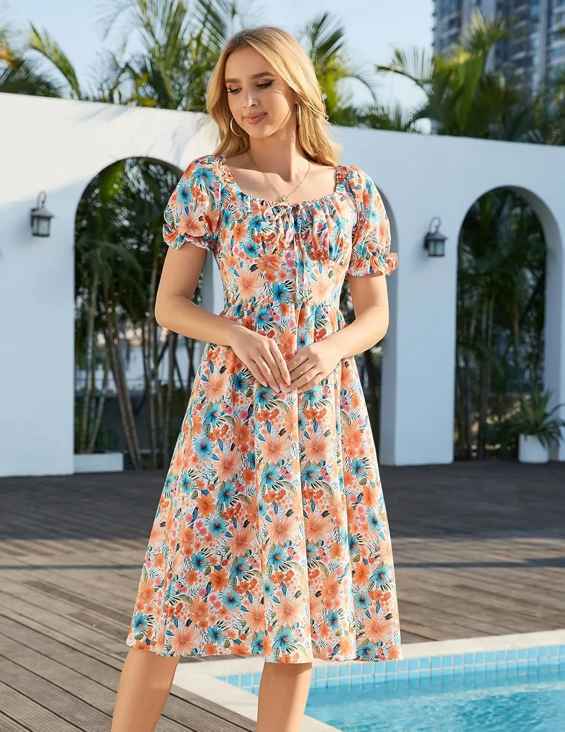 Meetjen Women's Floral Summer Beach Dress Midi Casual Short Sleeves Flowy A Line Dresses 2025 Boho Sundresses