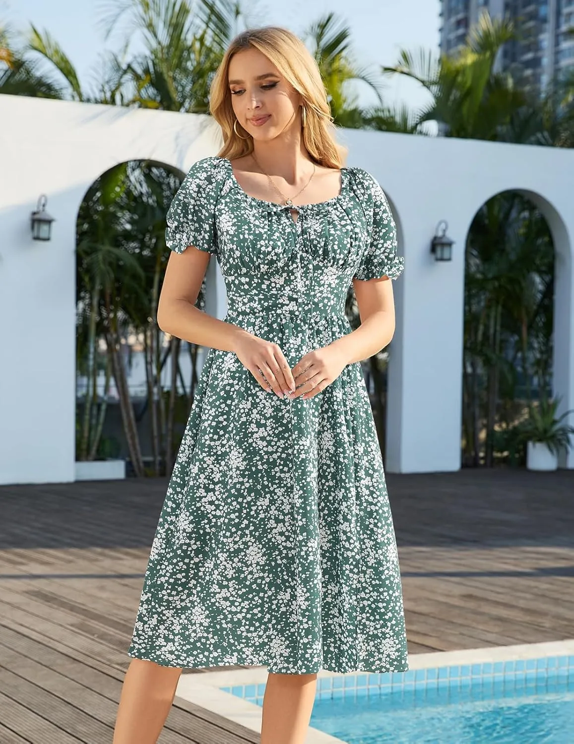 Meetjen Women's Floral Summer Beach Dress Midi Casual Short Sleeves Flowy A Line Dresses 2025 Boho Sundresses
