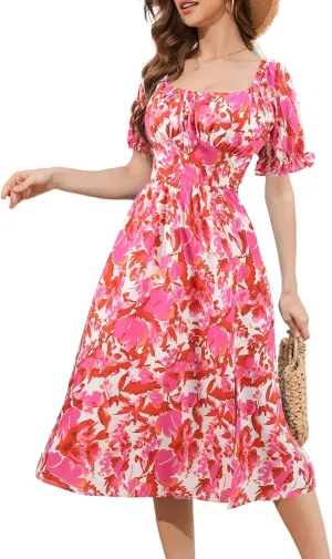 Meetjen Women's Floral Summer Beach Dress Midi Casual Short Sleeves Flowy A Line Dresses 2025 Boho Sundresses