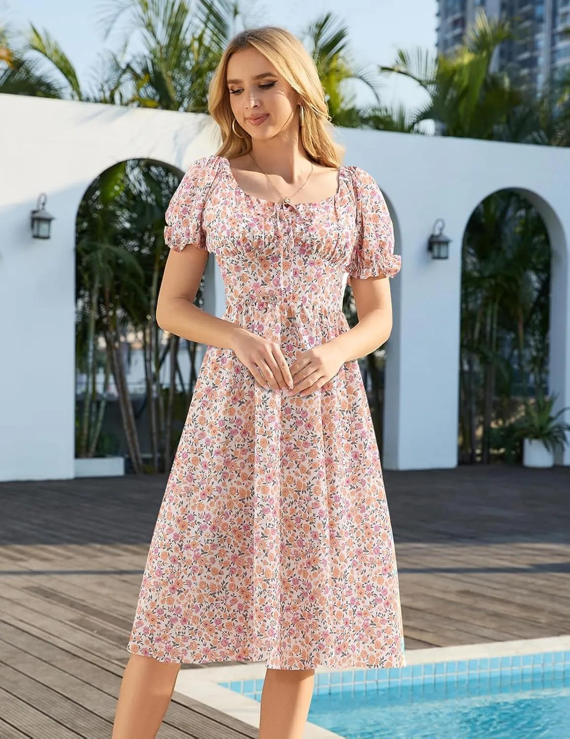 Meetjen Women's Floral Summer Beach Dress Midi Casual Short Sleeves Flowy A Line Dresses 2025 Boho Sundresses