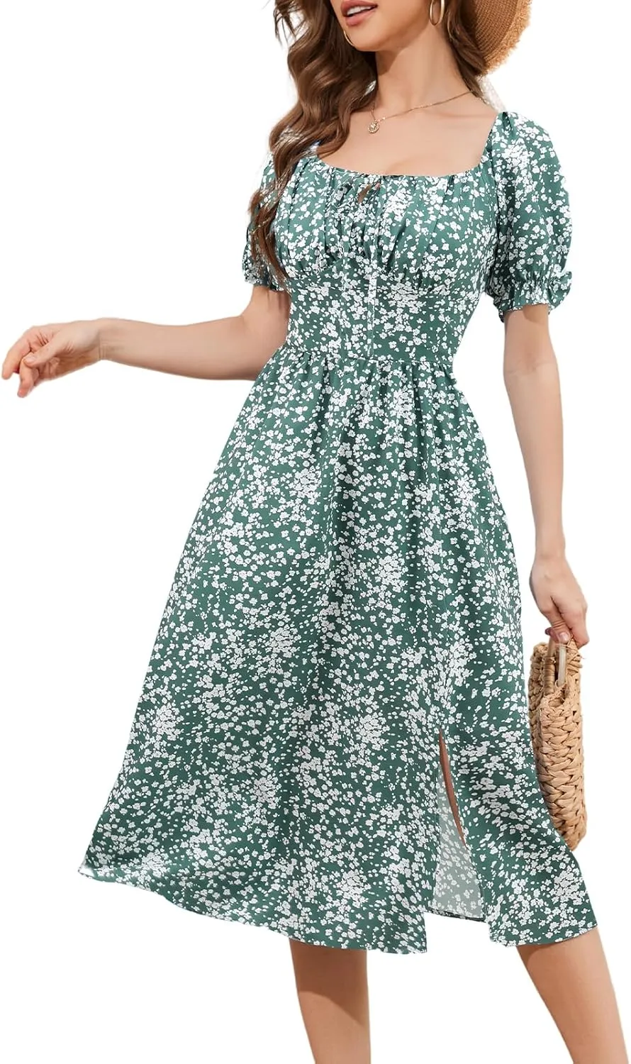 Meetjen Women's Floral Summer Beach Dress Midi Casual Short Sleeves Flowy A Line Dresses 2025 Boho Sundresses