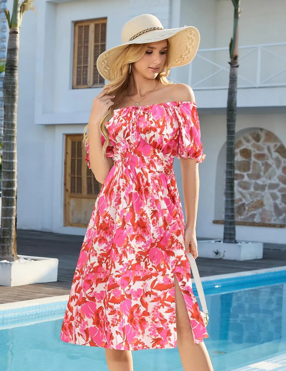 Meetjen Women's Floral Summer Beach Dress Midi Casual Short Sleeves Flowy A Line Dresses 2025 Boho Sundresses