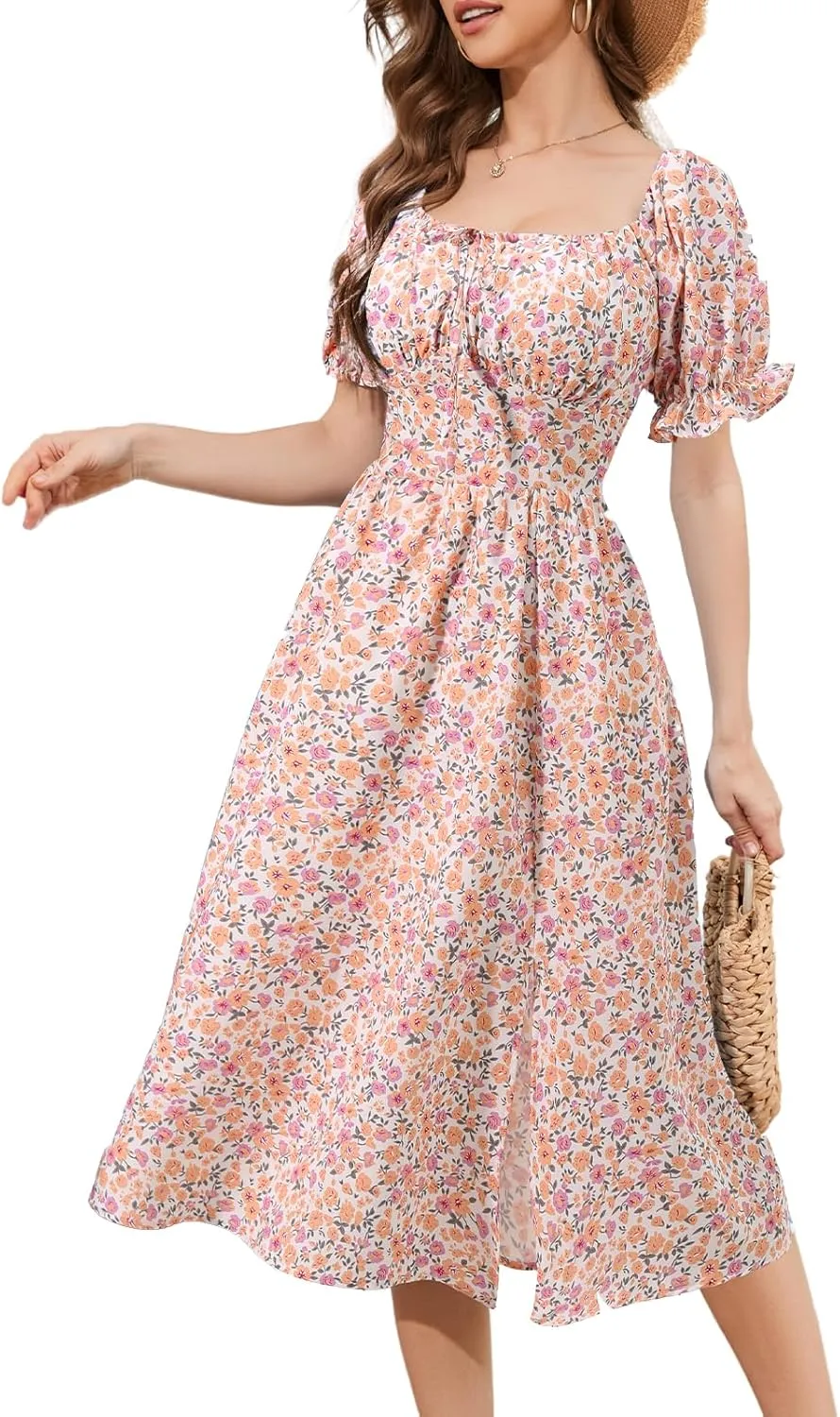 Meetjen Women's Floral Summer Beach Dress Midi Casual Short Sleeves Flowy A Line Dresses 2025 Boho Sundresses