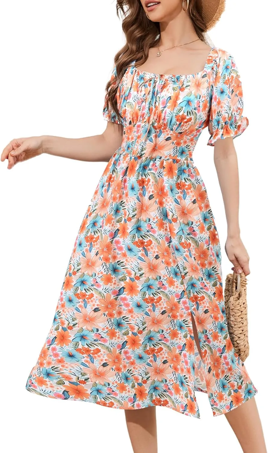 Meetjen Women's Floral Summer Beach Dress Midi Casual Short Sleeves Flowy A Line Dresses 2025 Boho Sundresses