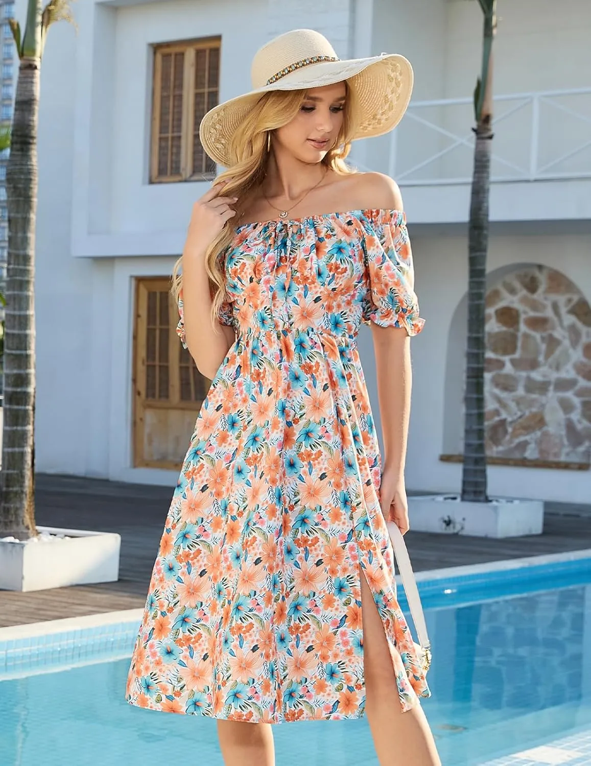 Meetjen Women's Floral Summer Beach Dress Midi Casual Short Sleeves Flowy A Line Dresses 2025 Boho Sundresses