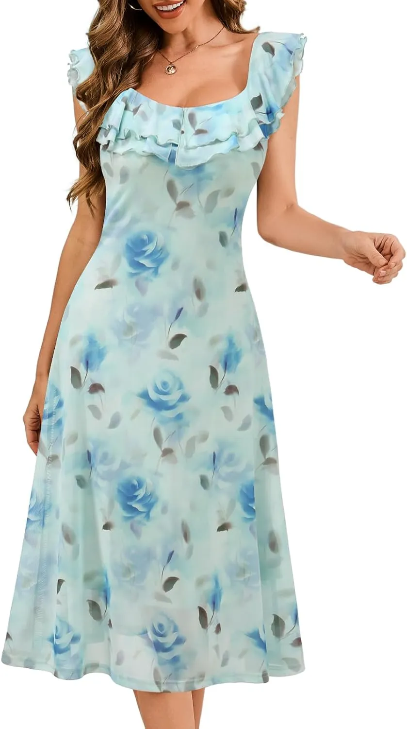 Meetjen Women's Summer Midi Floral Dress 2025 Ruffle Boho Sundresses Flowy Mesh Beach Wedding Guest Dresses