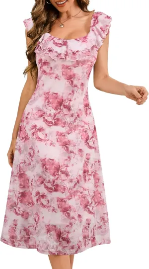 Meetjen Women's Summer Midi Floral Dress 2025 Ruffle Boho Sundresses Flowy Mesh Beach Wedding Guest Dresses