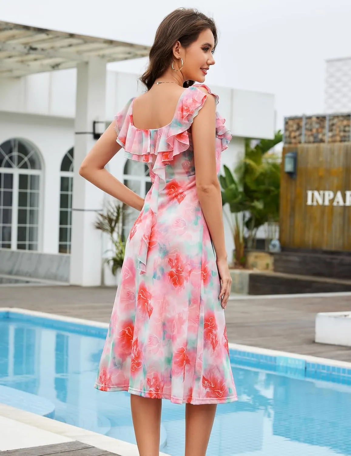 Meetjen Women's Summer Midi Floral Dress 2025 Ruffle Boho Sundresses Flowy Mesh Beach Wedding Guest Dresses