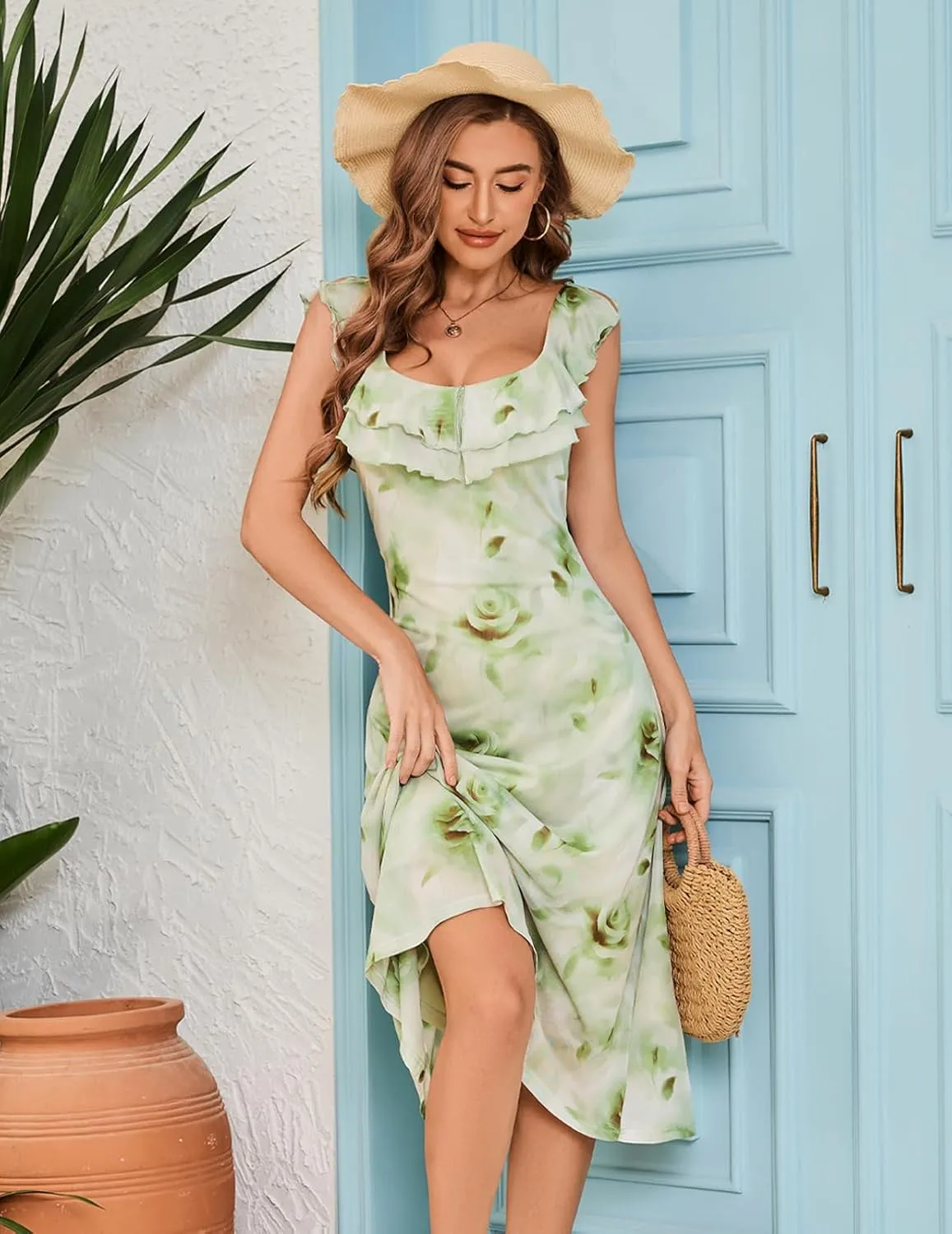 Meetjen Women's Summer Midi Floral Dress 2025 Ruffle Boho Sundresses Flowy Mesh Beach Wedding Guest Dresses