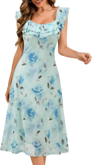 Meetjen Women's Summer Midi Floral Dress 2025 Ruffle Boho Sundresses Flowy Mesh Beach Wedding Guest Dresses