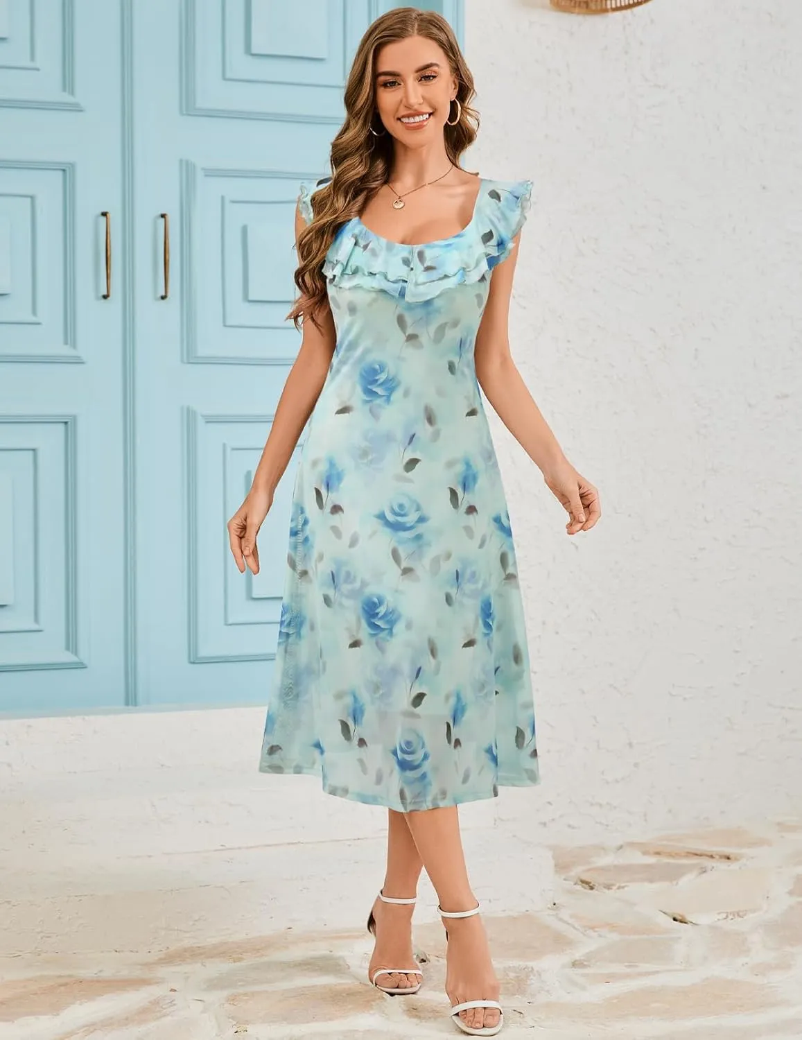 Meetjen Women's Summer Midi Floral Dress 2025 Ruffle Boho Sundresses Flowy Mesh Beach Wedding Guest Dresses