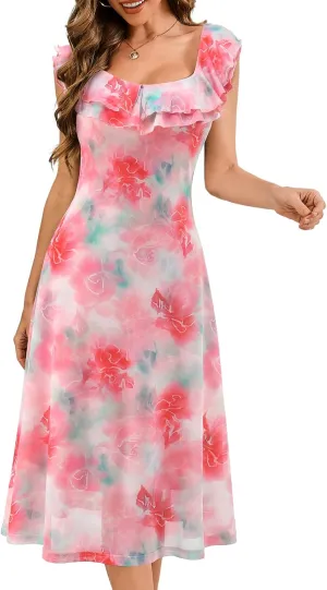 Meetjen Women's Summer Midi Floral Dress 2025 Ruffle Boho Sundresses Flowy Mesh Beach Wedding Guest Dresses