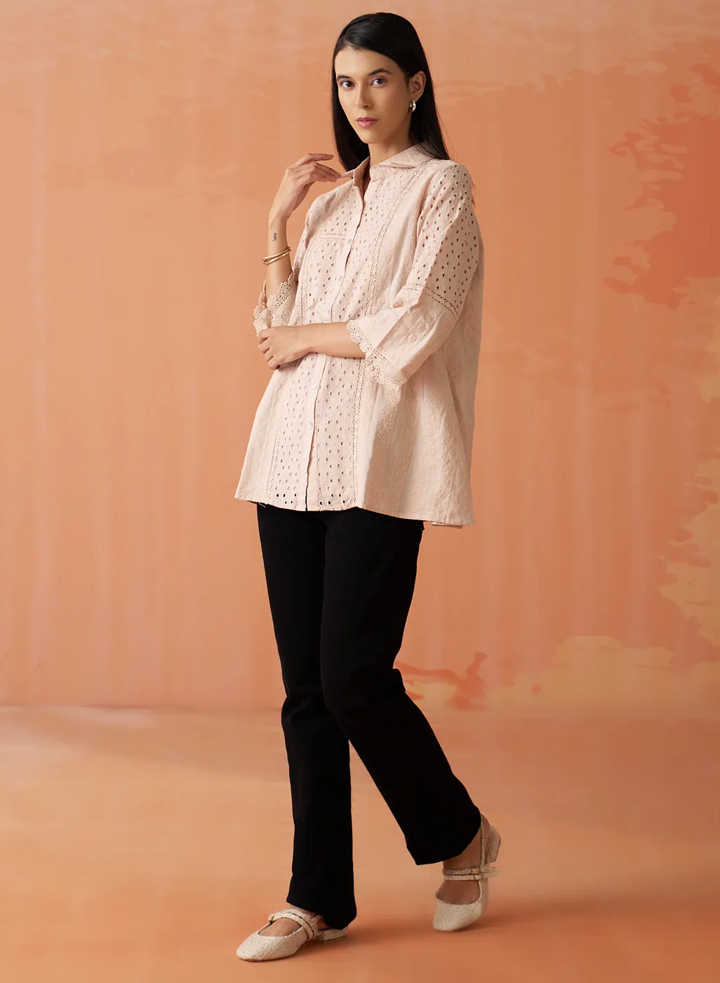 Mehreen Peach Dust Embroidered Schiffli Kurti For Women
