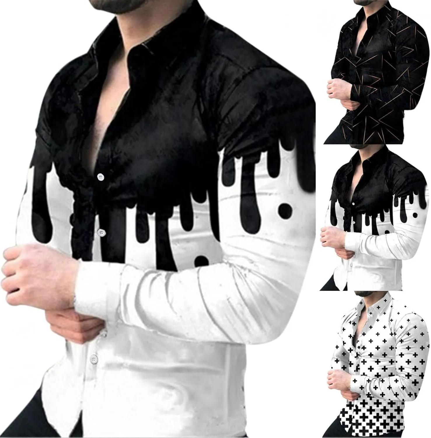Mens Button Down Long Sleeve Dress Shirts Tie Dye Printed Business Work Poplin Shirt Wrinkle Resistant Designer Tops