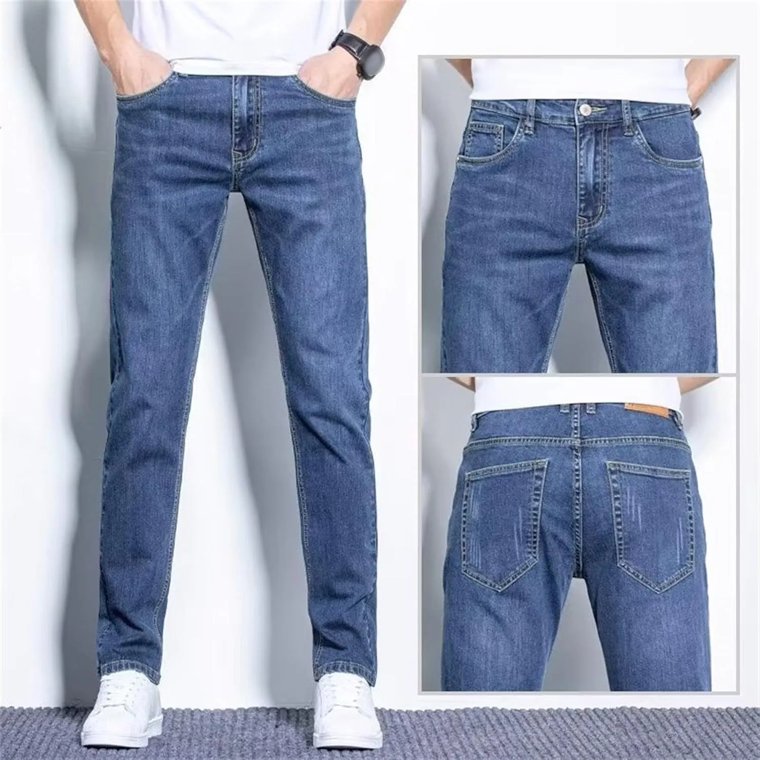 Men's Casual Comfort Basic Jeans Straight Leg Stretch Solid Denim Pants Slim Fit Classic Jeans Trouser