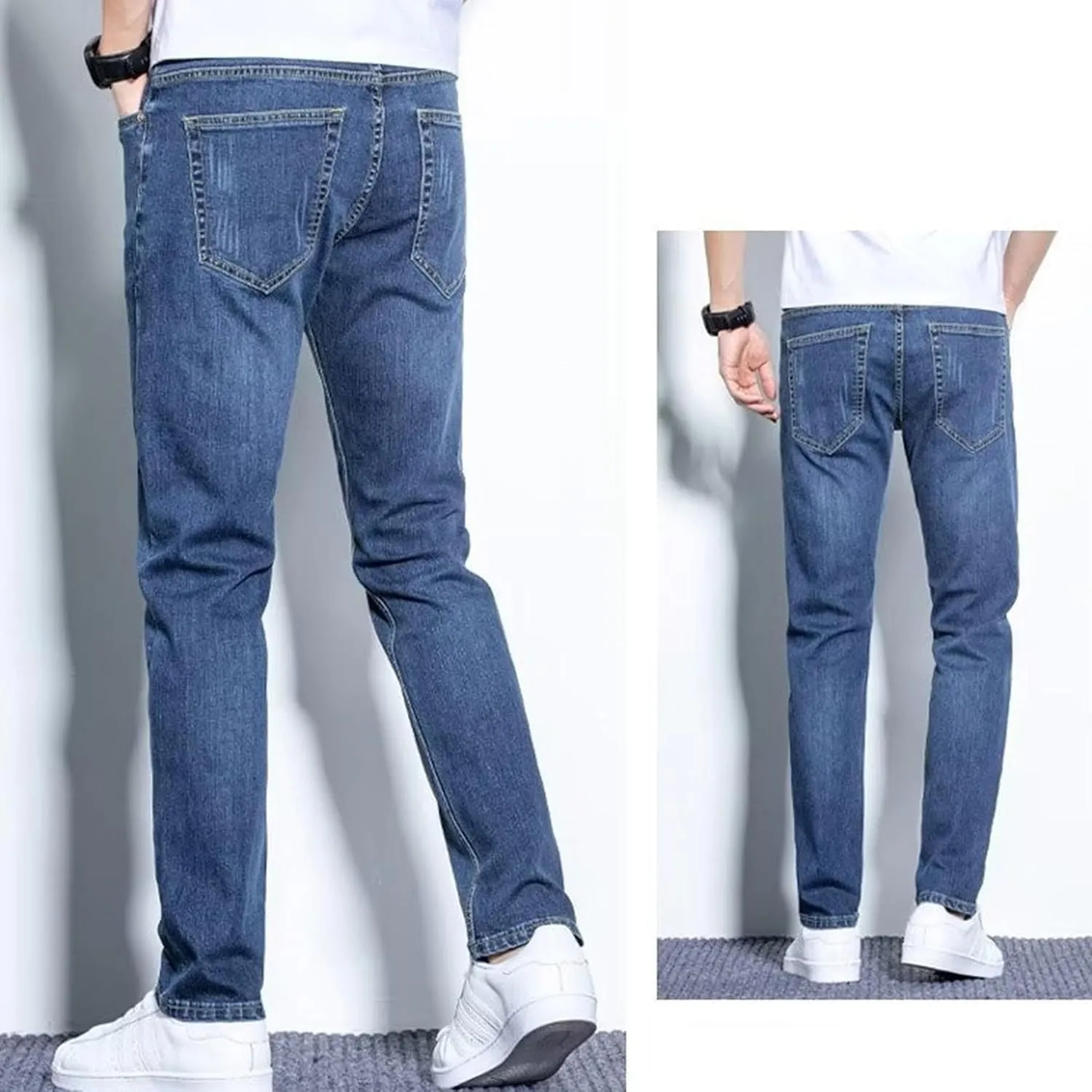 Men's Casual Comfort Basic Jeans Straight Leg Stretch Solid Denim Pants Slim Fit Classic Jeans Trouser