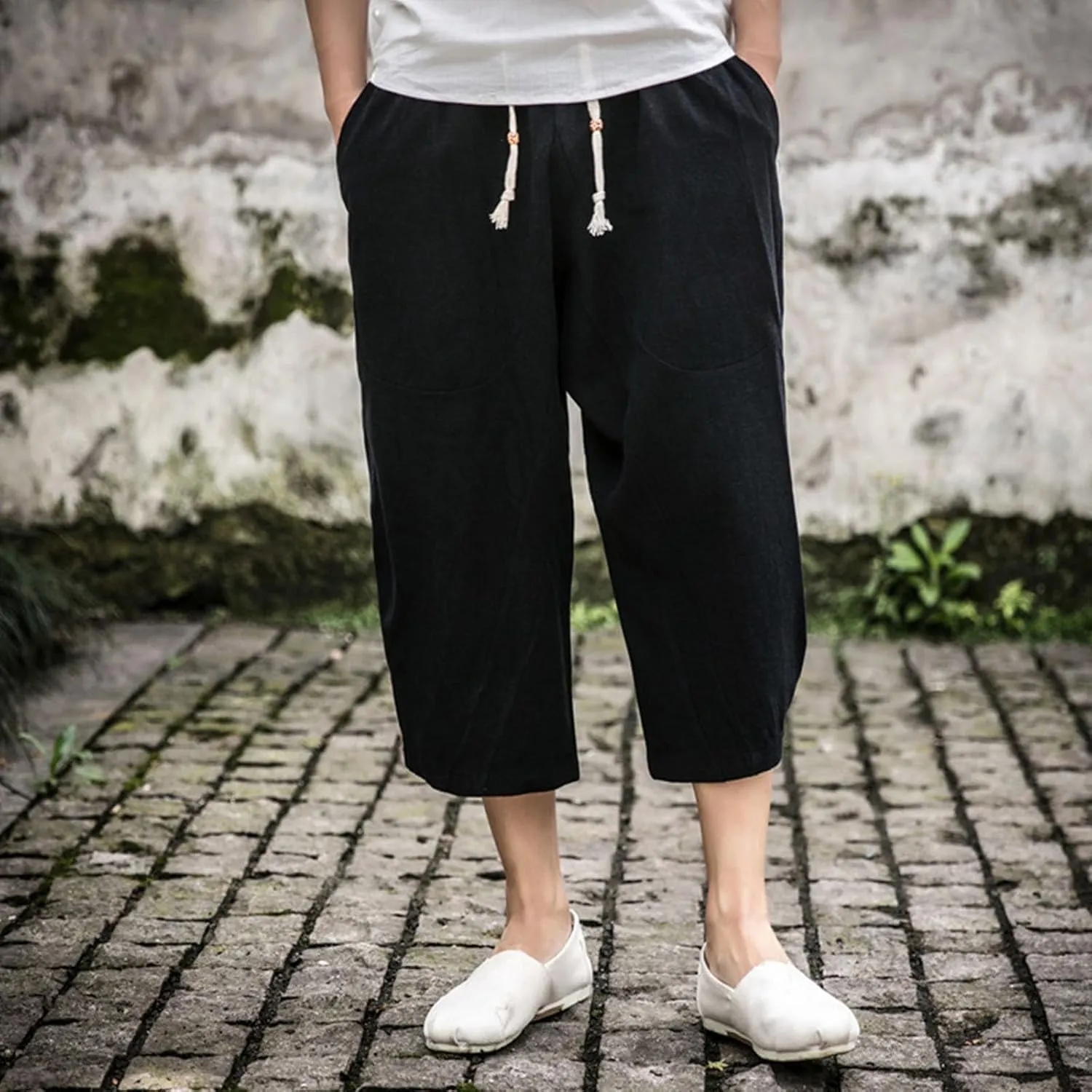 Mens Casual Linen Pants Below Knee Relaxed Fit Wide Leg Baggy Trousers Elastic Waistband Capri Comfy Gym Pants