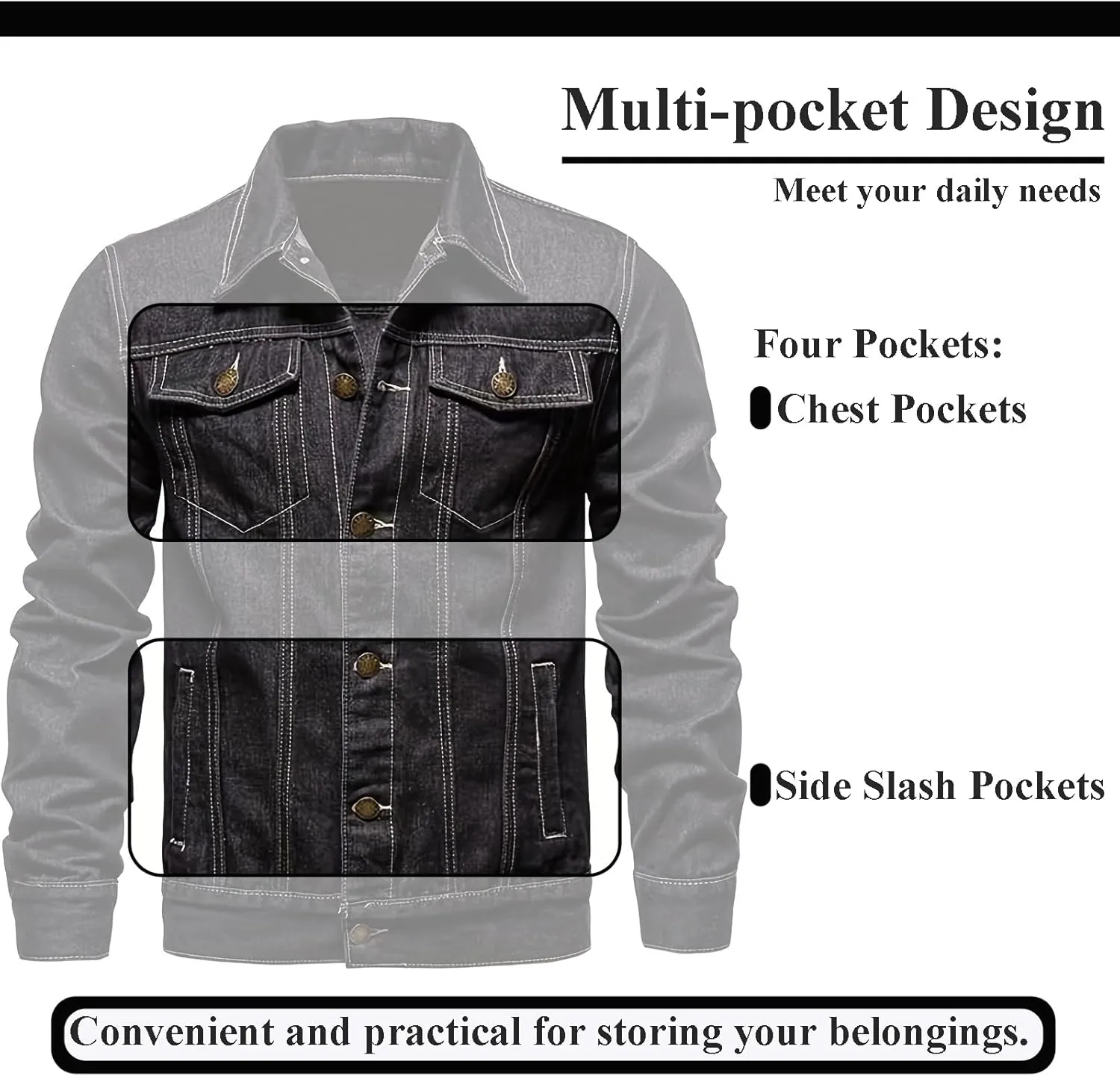 Men's Denim Jacket Vintage-Inspired Jean Jacket with Multiple Pockets - Cotton Blend, Machine Washable