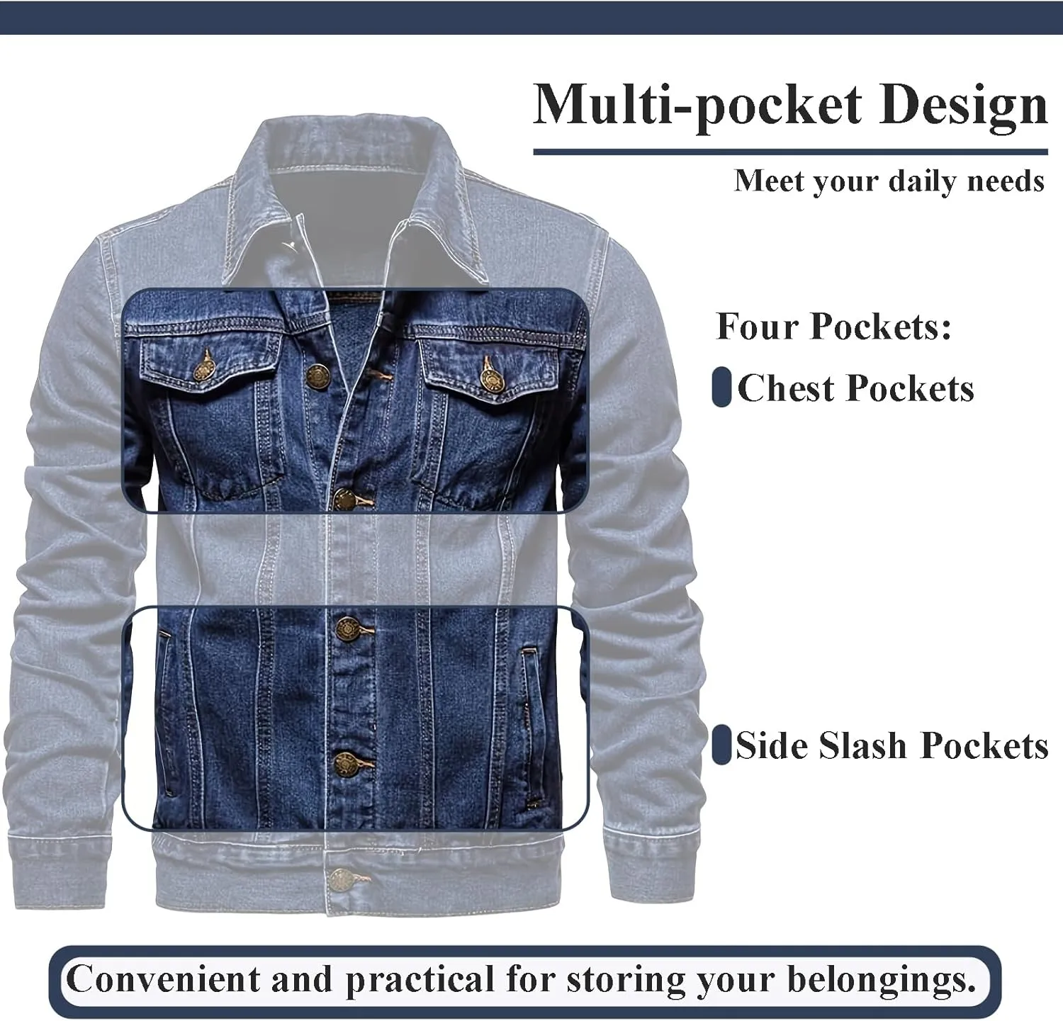 Men's Denim Jacket Vintage-Inspired Jean Jacket with Multiple Pockets - Cotton Blend, Machine Washable