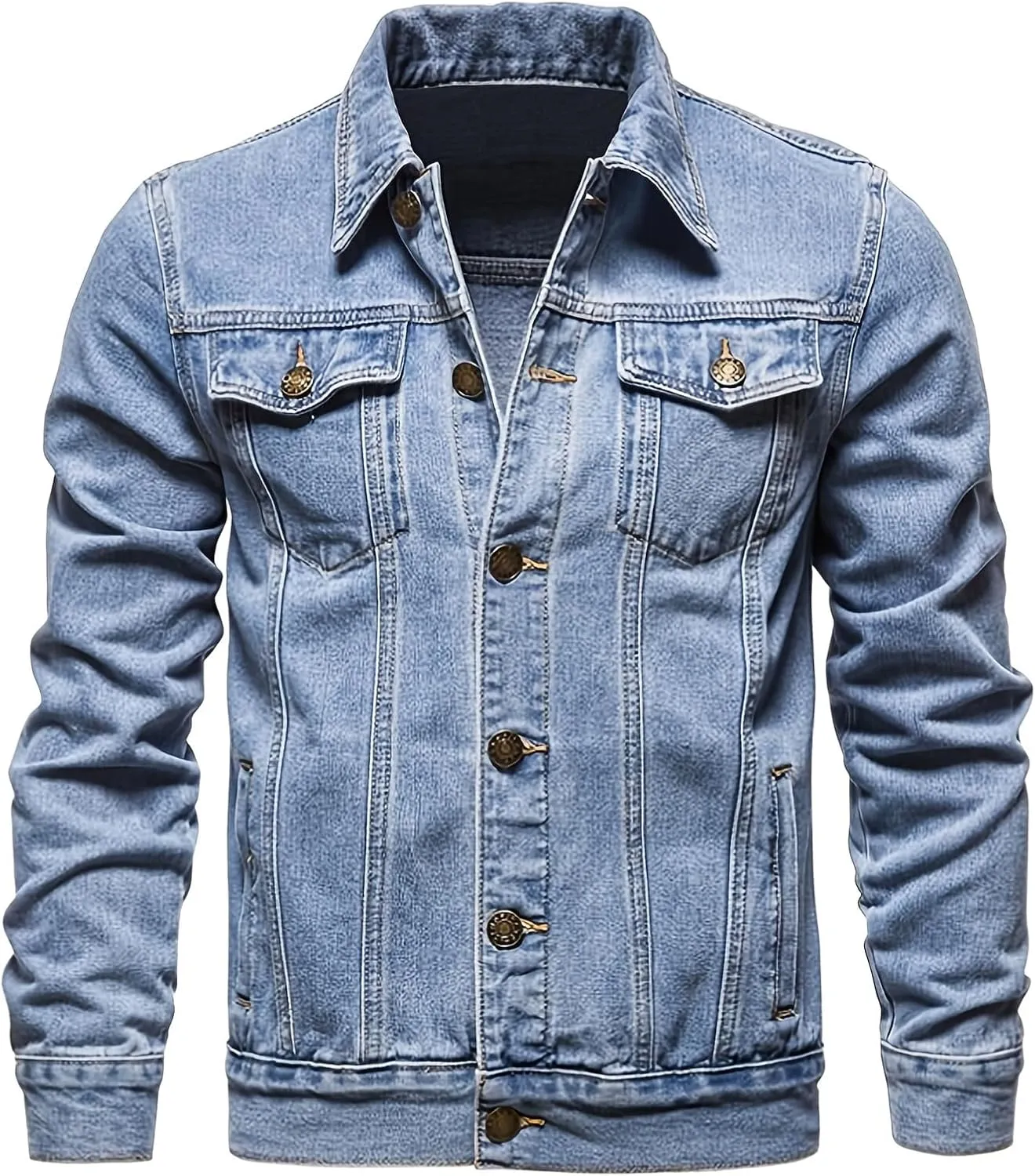 Men's Denim Jacket Vintage-Inspired Jean Jacket with Multiple Pockets - Cotton Blend, Machine Washable