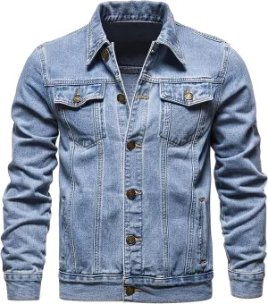 Men's Denim Jacket Vintage-Inspired Jean Jacket with Multiple Pockets - Cotton Blend, Machine Washable