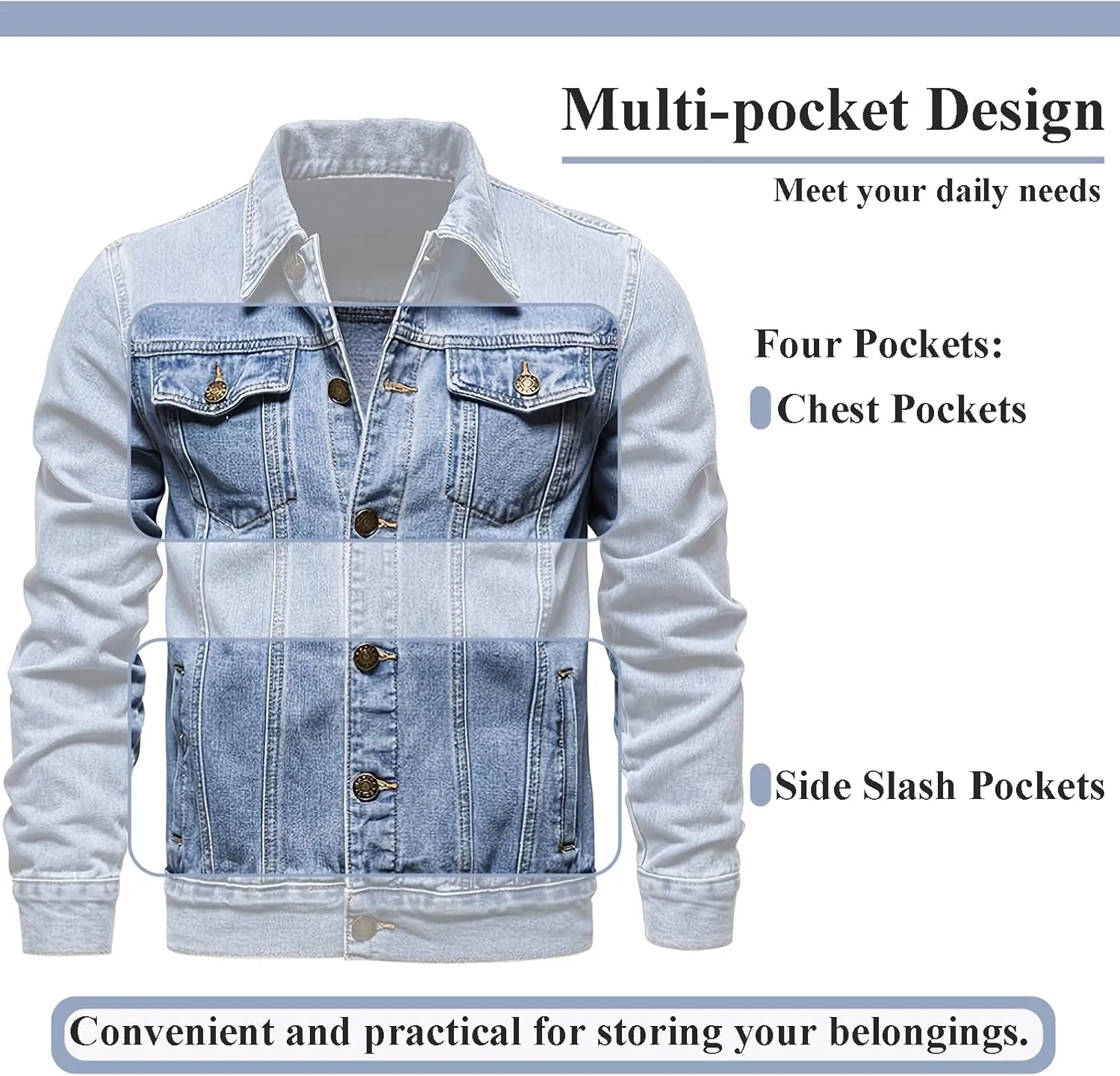Men's Denim Jacket Vintage-Inspired Jean Jacket with Multiple Pockets - Cotton Blend, Machine Washable