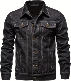 Men's Denim Jacket Vintage-Inspired Jean Jacket with Multiple Pockets - Cotton Blend, Machine Washable