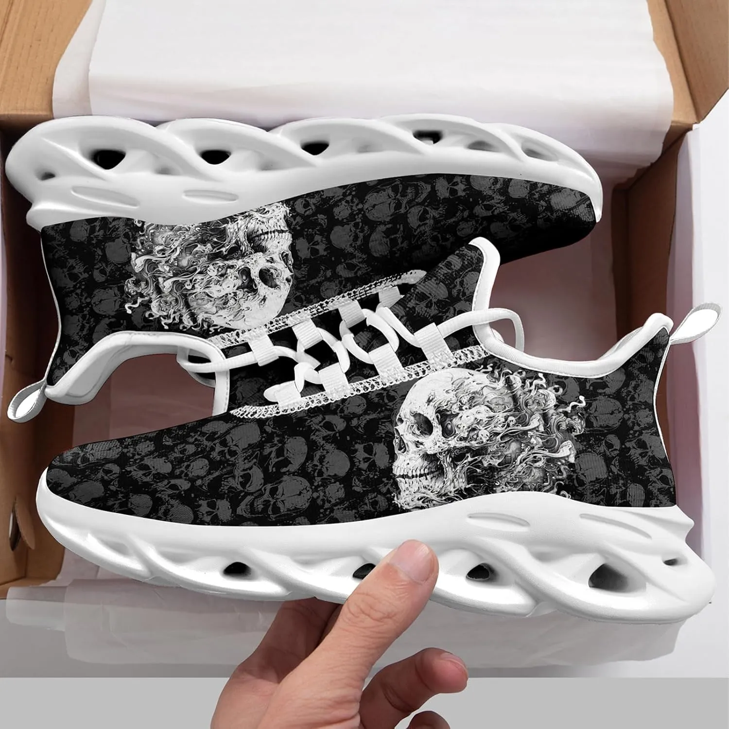 Men's Gothic Skull Running Shoes, Punk Rock Breathable Cushion Sports Walking Sneakers Gym Jogging Tennis Shoes