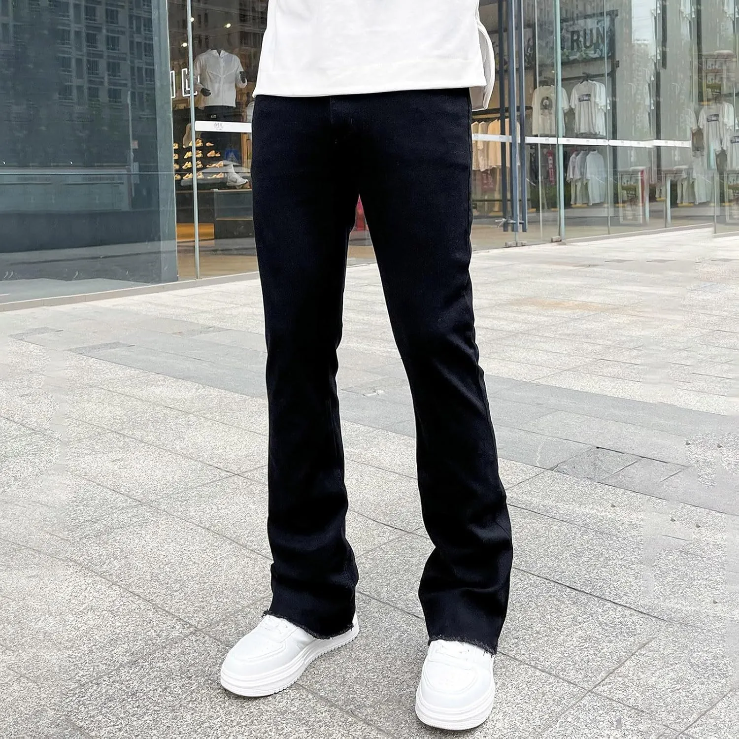 Mens Jeans Stretch Waistband Classic Denim Jeans Comfortable Flexible Pants Relaxed Wide Leg Denim Trouser Streetwear