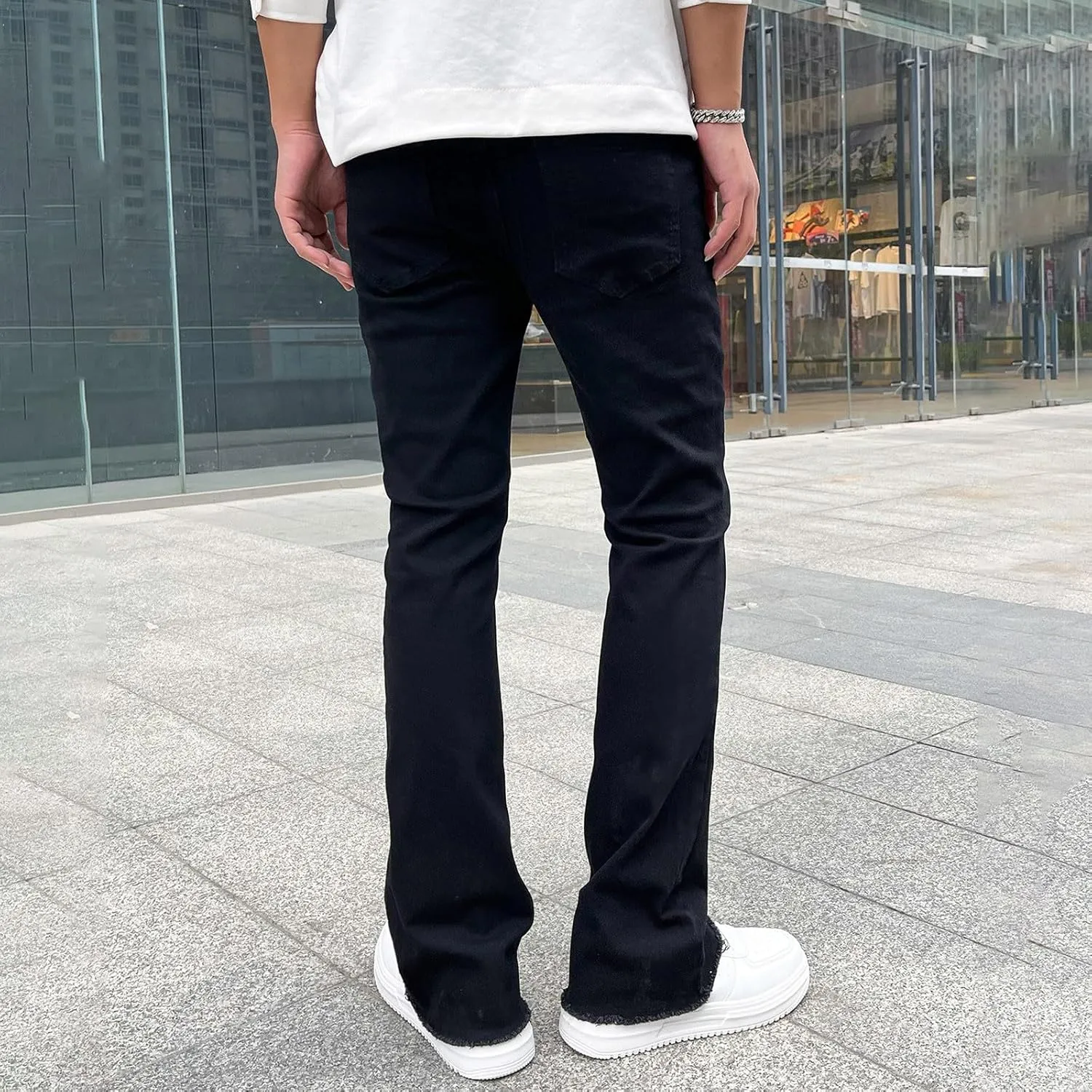 Mens Jeans Stretch Waistband Classic Denim Jeans Comfortable Flexible Pants Relaxed Wide Leg Denim Trouser Streetwear