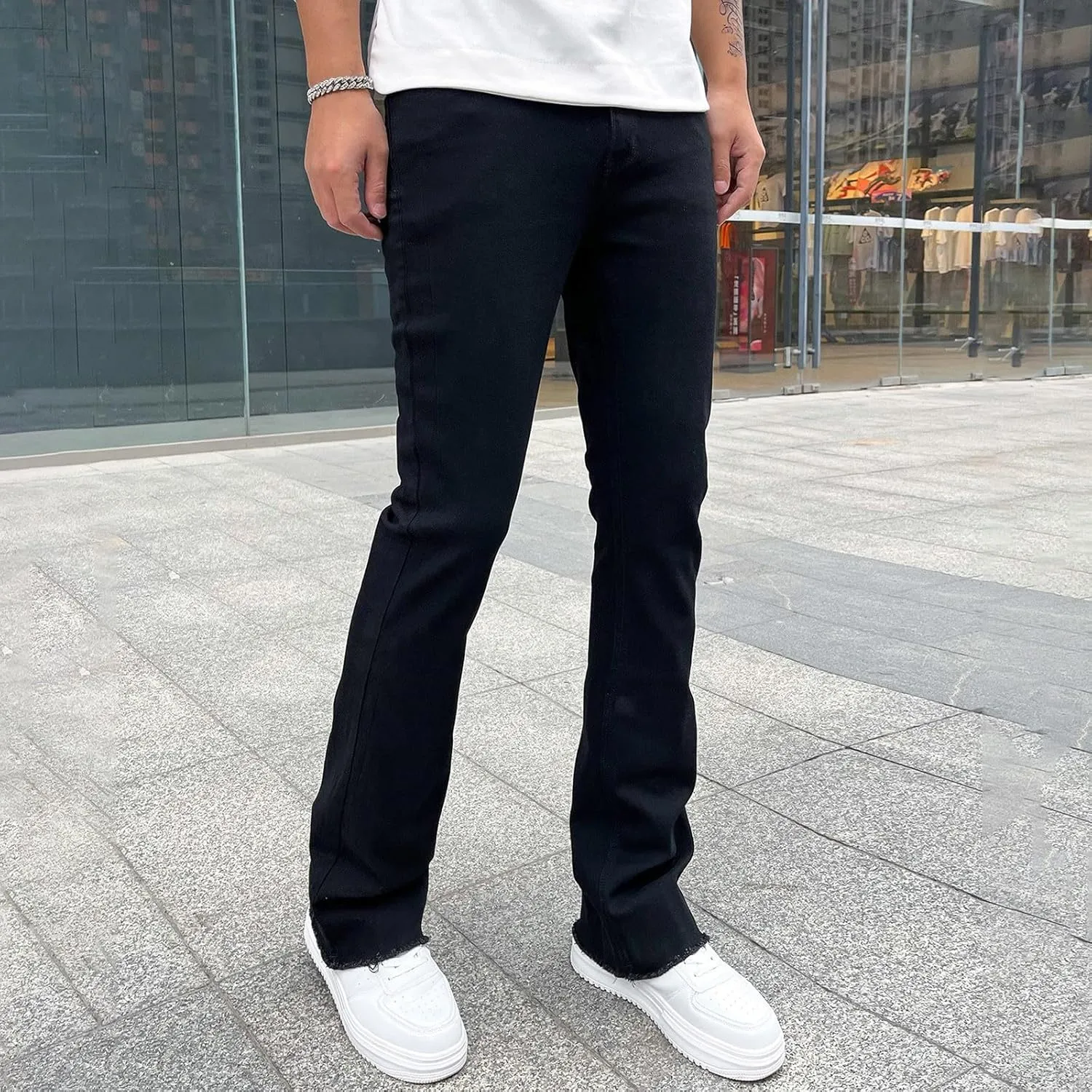 Mens Jeans Stretch Waistband Classic Denim Jeans Comfortable Flexible Pants Relaxed Wide Leg Denim Trouser Streetwear