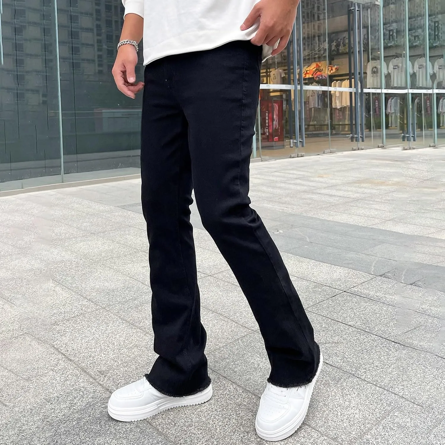 Mens Jeans Stretch Waistband Classic Denim Jeans Comfortable Flexible Pants Relaxed Wide Leg Denim Trouser Streetwear
