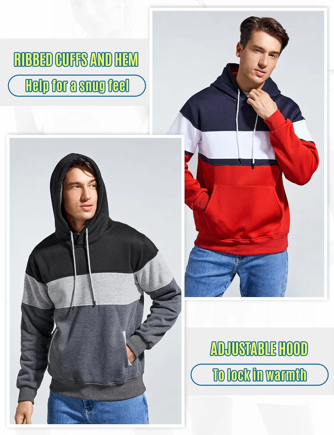 Men's Novelty Color Block Pullover Hoodie Casual Fleece Long Sleeve Hooded Sweatshirt