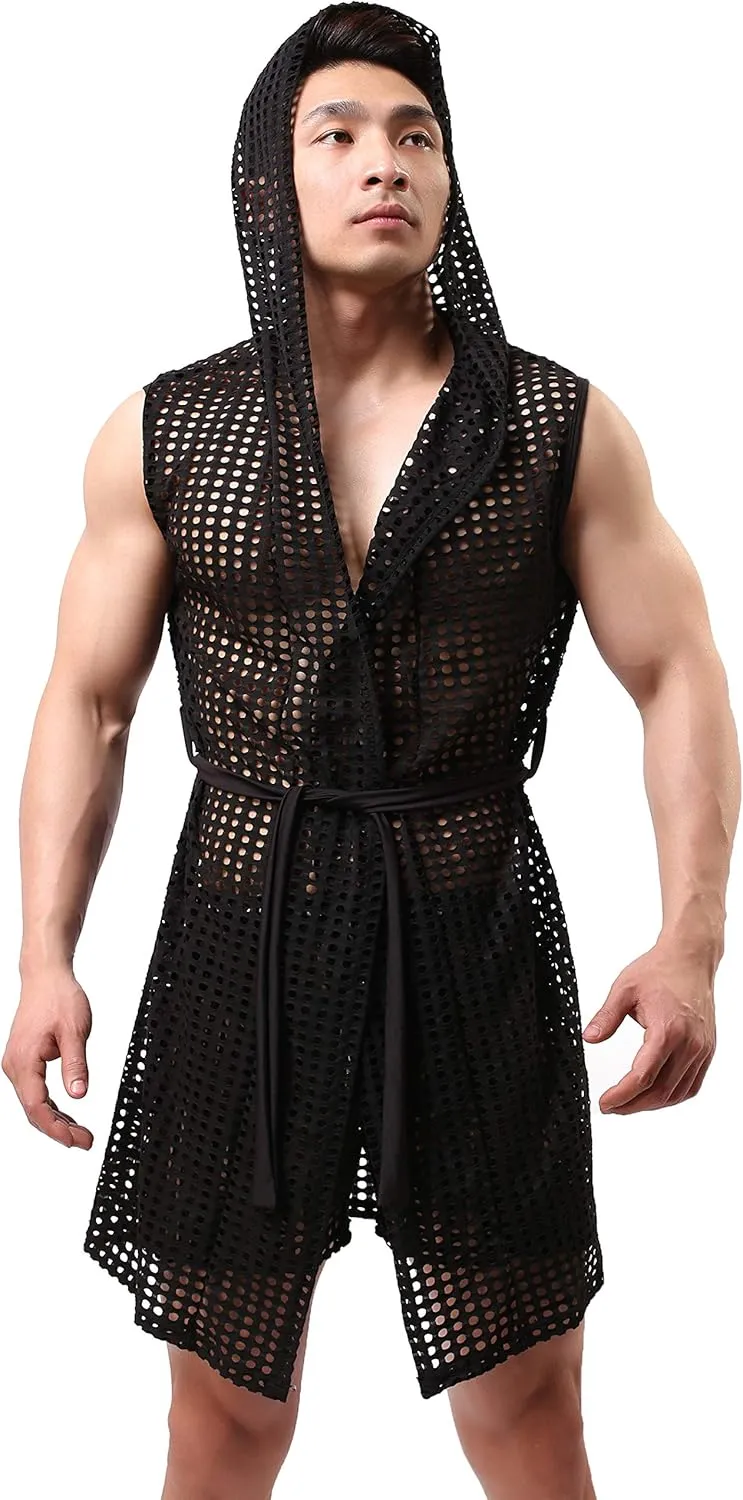 Mens Sexy See Through Towel Bath Robe Hooded Mesh Transparent Bathrobe