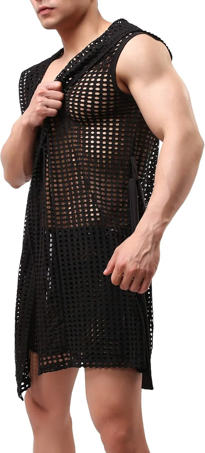 Mens Sexy See Through Towel Bath Robe Hooded Mesh Transparent Bathrobe