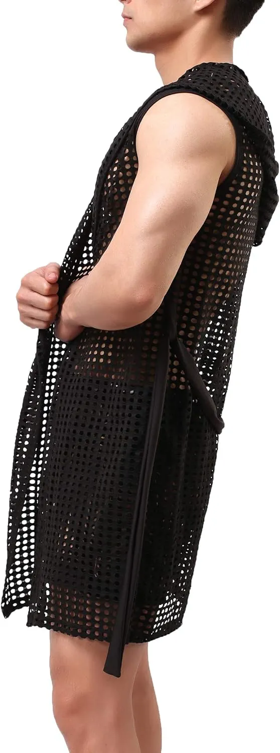 Mens Sexy See Through Towel Bath Robe Hooded Mesh Transparent Bathrobe