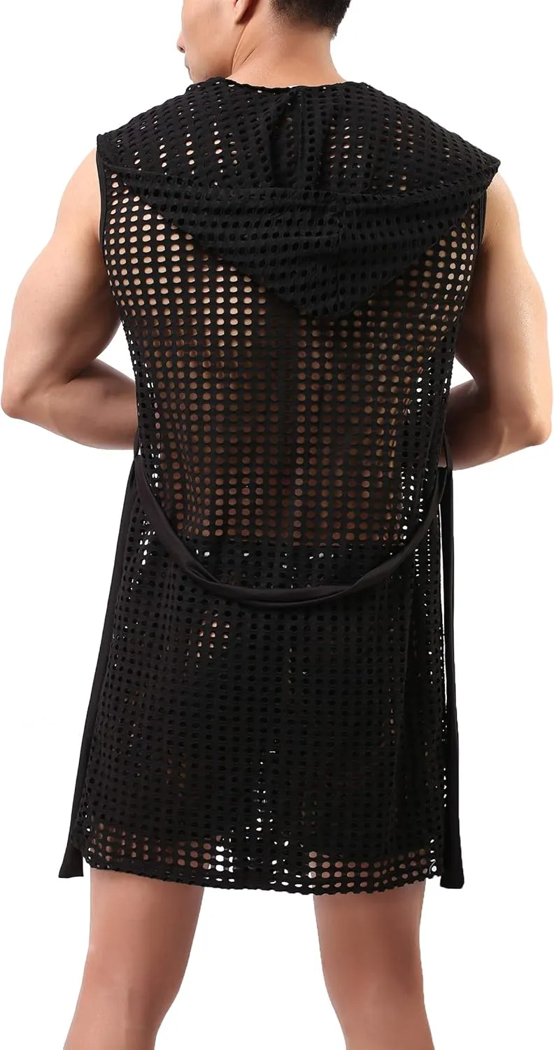 Mens Sexy See Through Towel Bath Robe Hooded Mesh Transparent Bathrobe