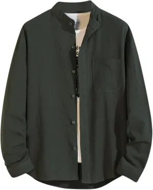 Mens Shirt Jacket Summer Cotton Linen Button Down Blouses Plain Tops Heavyweight Long Sleeve Shacket with Pockets