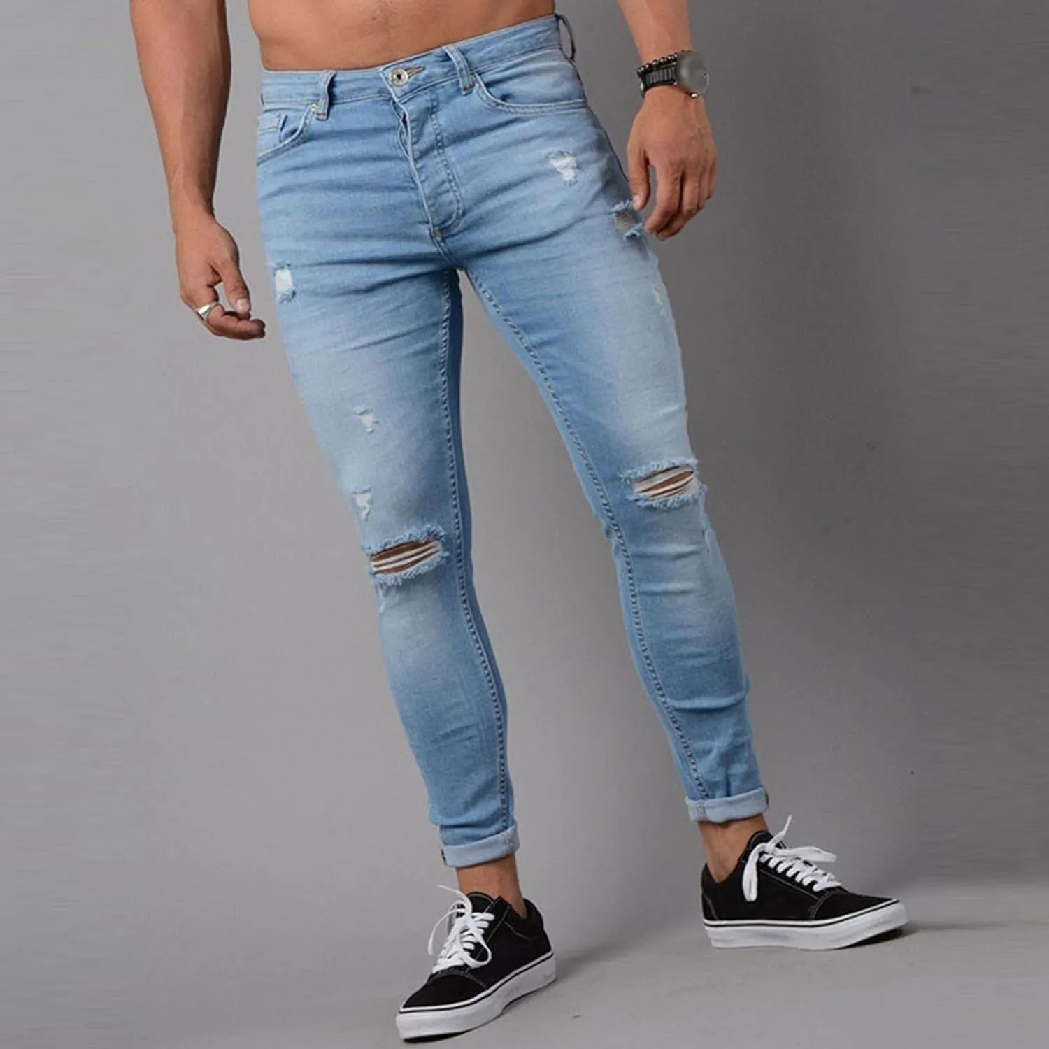 Men's Skinny Comfort Ripped Jeans Slim Fit Streetwear Denim Pants Casual Fashion Biker Moto Jeans