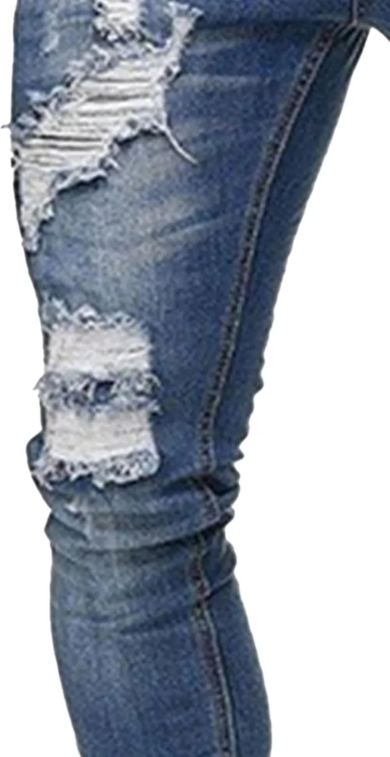 Men's Skinny Distressed Vintage Jeans Ripped Casual Outdoor Denim Pants Slim Fit Stretch Jeans Trouser
