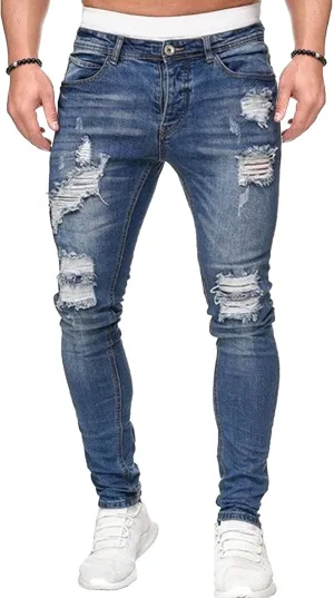 Men's Skinny Distressed Vintage Jeans Ripped Casual Outdoor Denim Pants Slim Fit Stretch Jeans Trouser