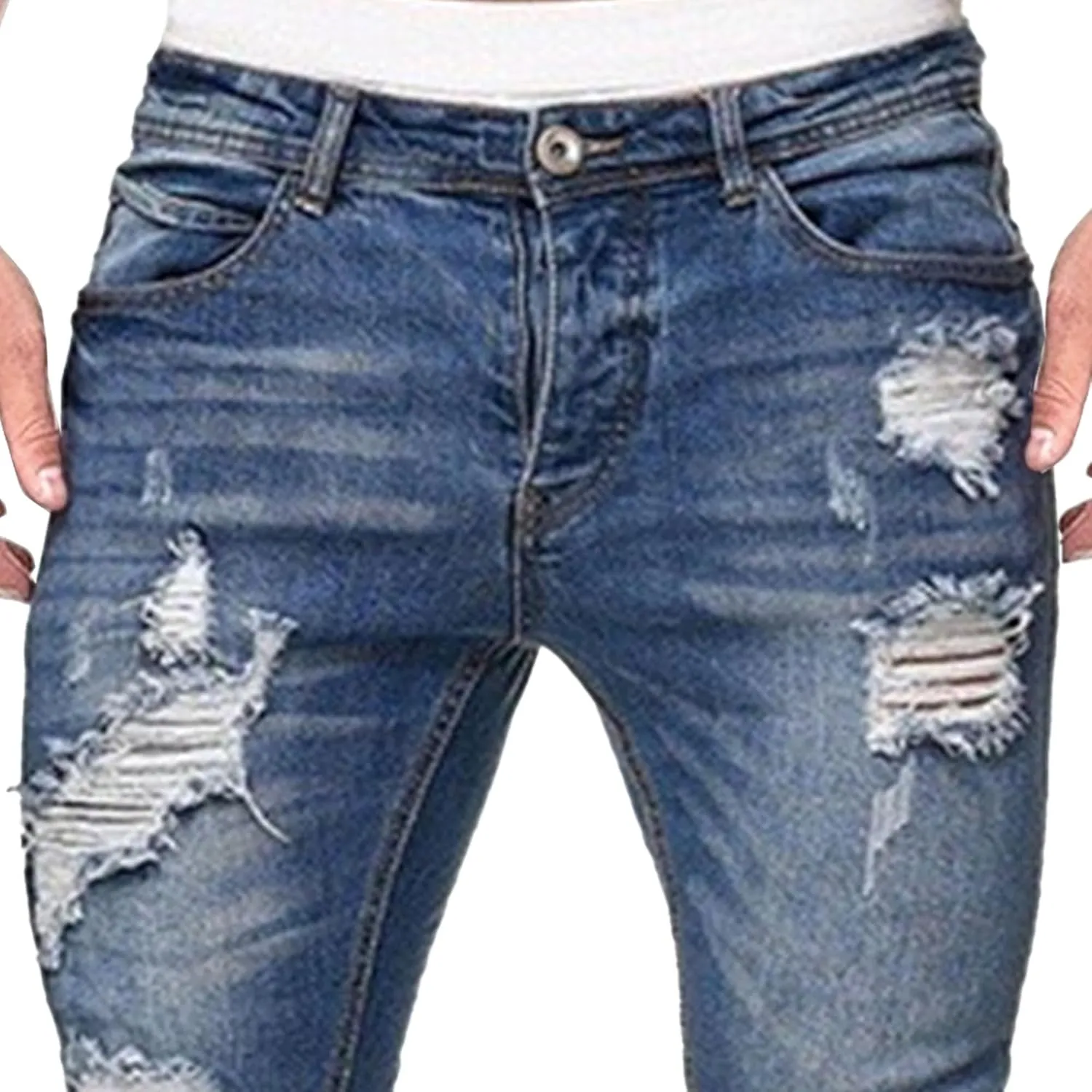 Men's Skinny Distressed Vintage Jeans Ripped Casual Outdoor Denim Pants Slim Fit Stretch Jeans Trouser