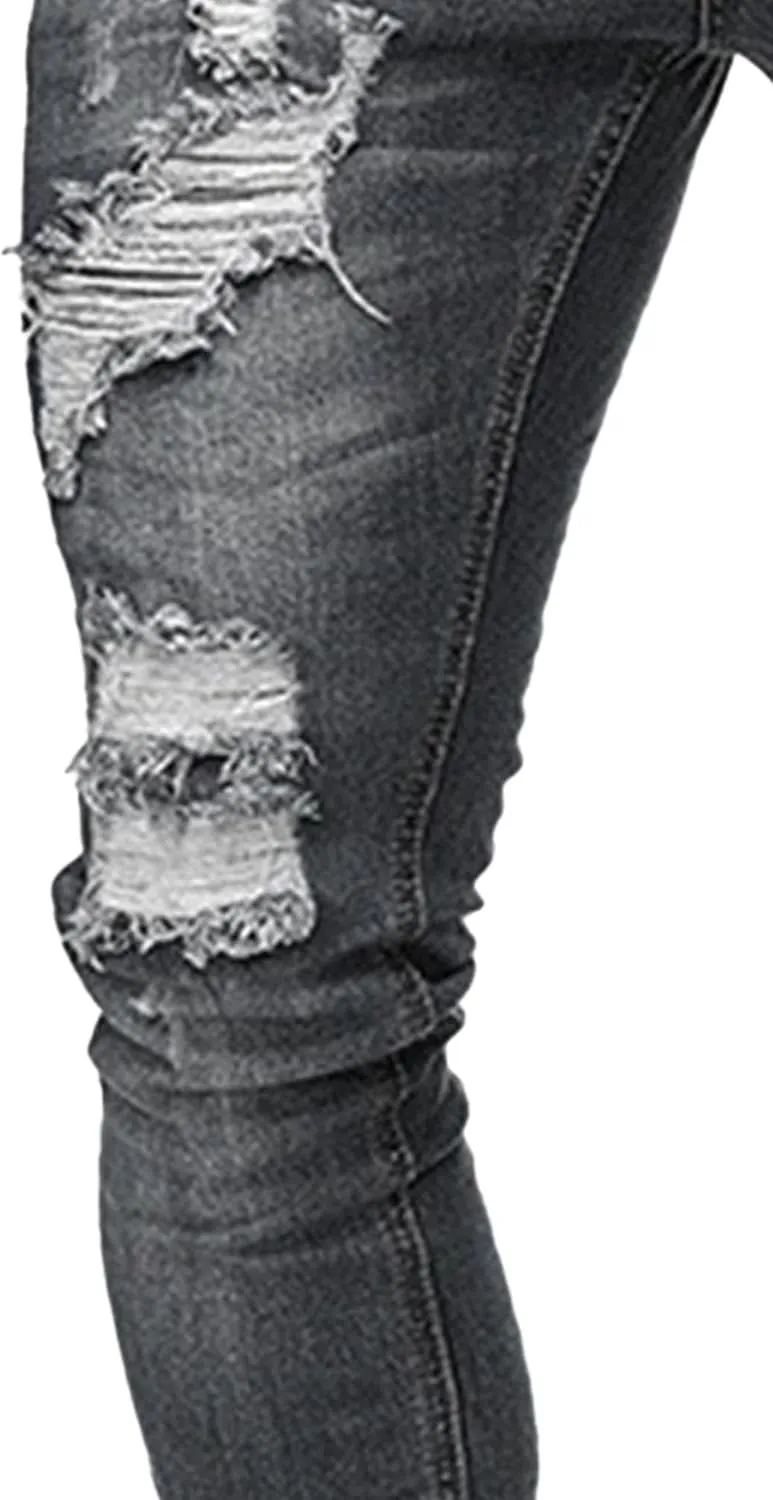 Men's Skinny Distressed Vintage Jeans Ripped Casual Outdoor Denim Pants Slim Fit Stretch Jeans Trouser