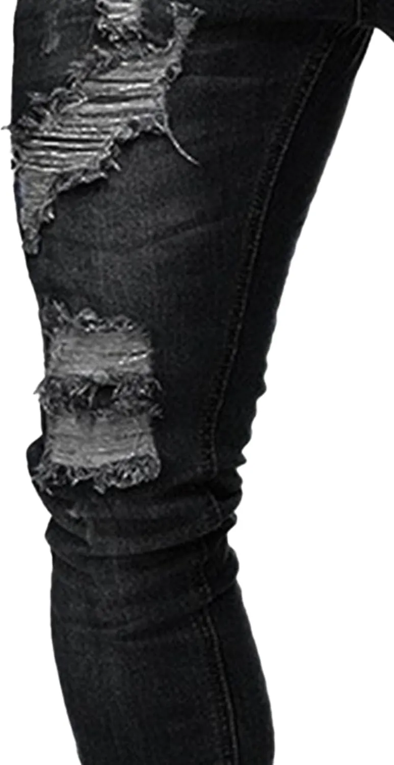 Men's Skinny Distressed Vintage Jeans Ripped Casual Outdoor Denim Pants Slim Fit Stretch Jeans Trouser
