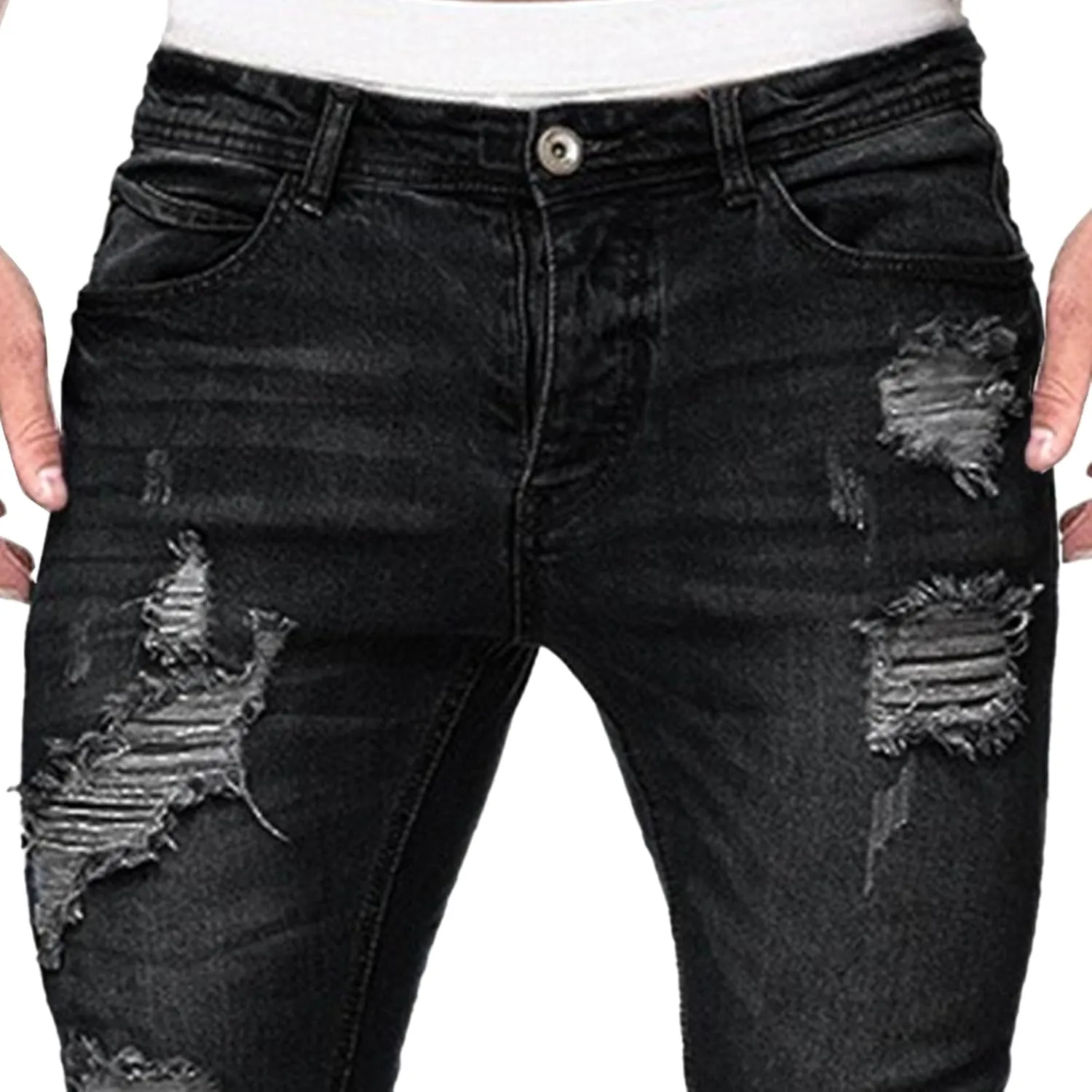 Men's Skinny Distressed Vintage Jeans Ripped Casual Outdoor Denim Pants Slim Fit Stretch Jeans Trouser